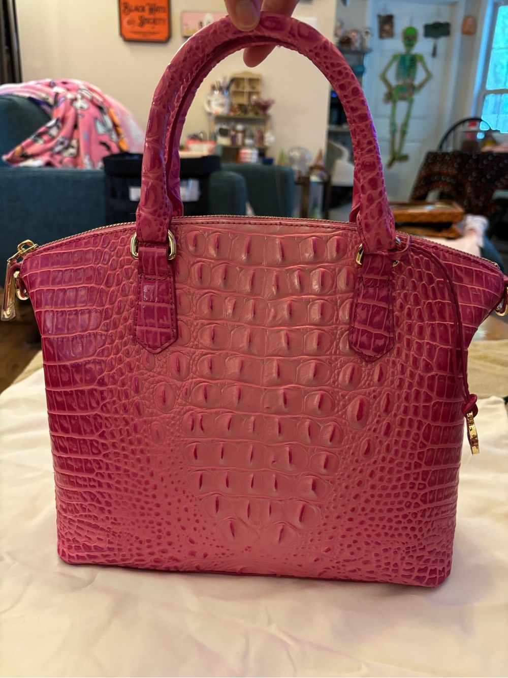 Brahmin hibiscus /Pink Croc-Embossed Satchel with Removable Strap - Picture 5 of 6